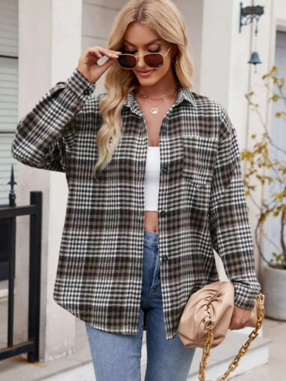 Pocketed Plaid Collared Neck Long Sleeve Shirt - Trendsi - Flyclothing LLC
