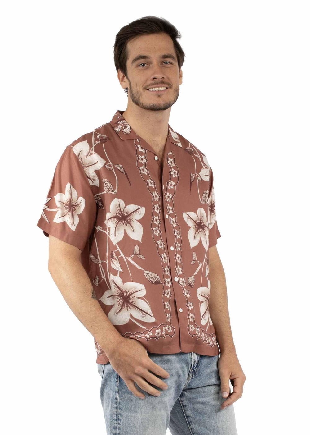 farthest point brown 100% viscose s/s hawaiin orchid shirt - Scully Leather