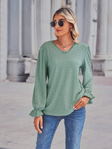 Eyelet V-Neck Flounce Sleeve Blouse - Trendsi - Flyclothing LLC