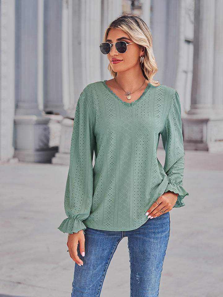 Eyelet V-Neck Flounce Sleeve Blouse - Trendsi - Flyclothing LLC
