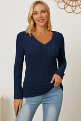 Basic Bae Full Size Ribbed V-Neck Long Sleeve T-Shirt - ShopBasicbae - Flyclothing LLC