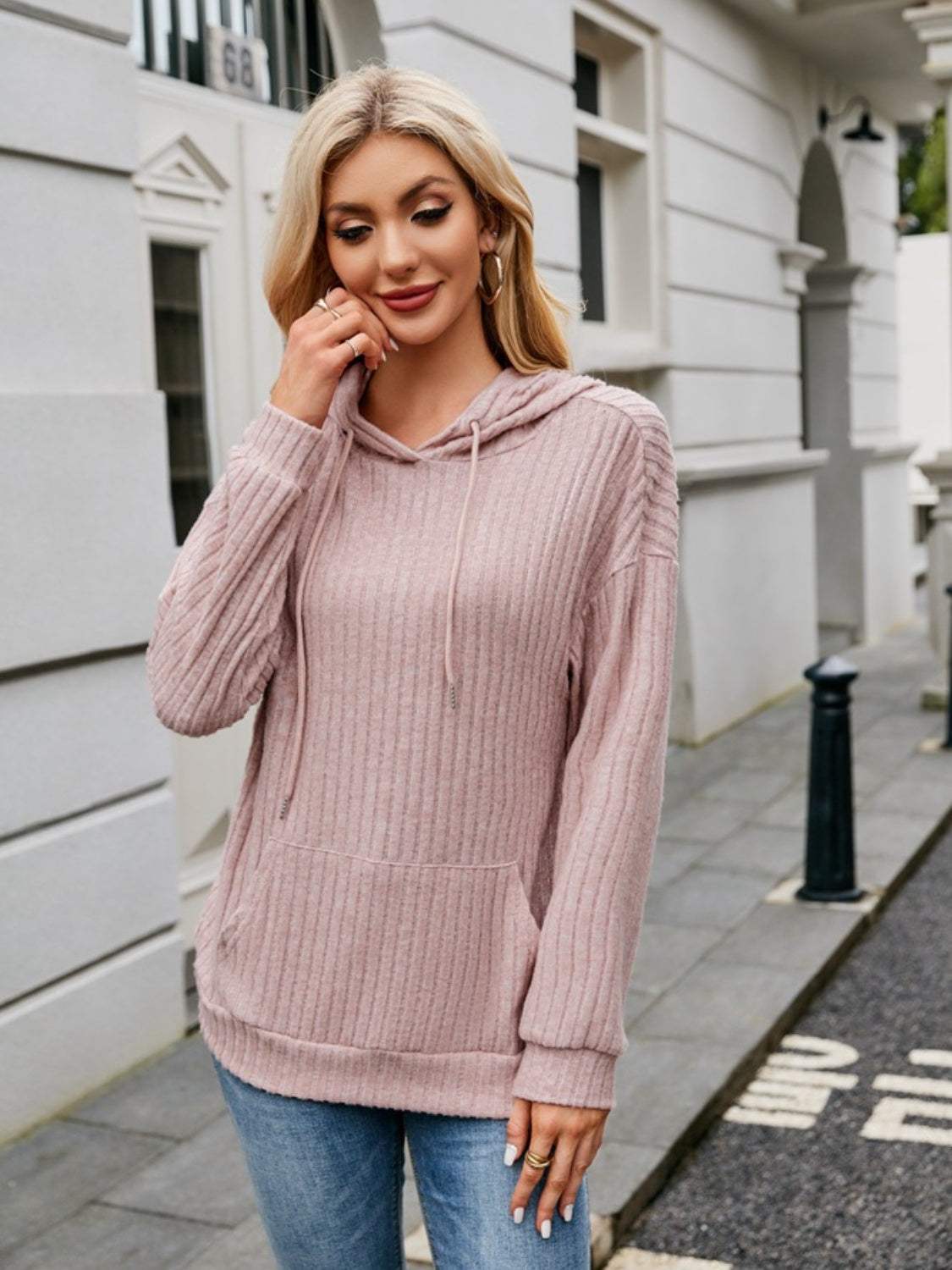 Ribbed Drawstring Long Sleeve Hoodie - Trendsi - Flyclothing LLC