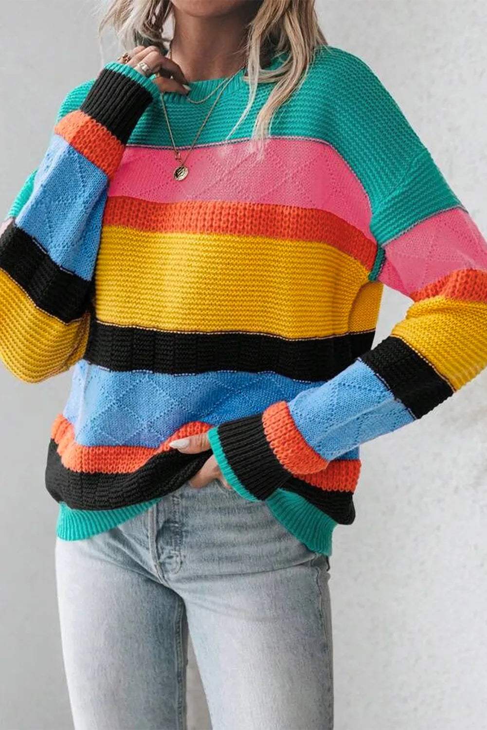 Contrast Round Neck Dropped Shoulder Sweater - Trendsi - Flyclothing LLC