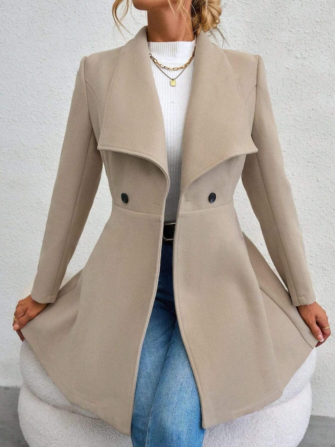 Collared Neck Button Up Long Sleeve Coat - Trendsi - Flyclothing LLC