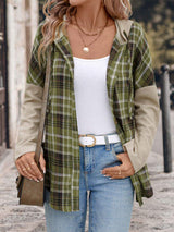 Perfee Drawstring Plaid Long Sleeve Hooded Shirt - Trendsi - Flyclothing LLC
