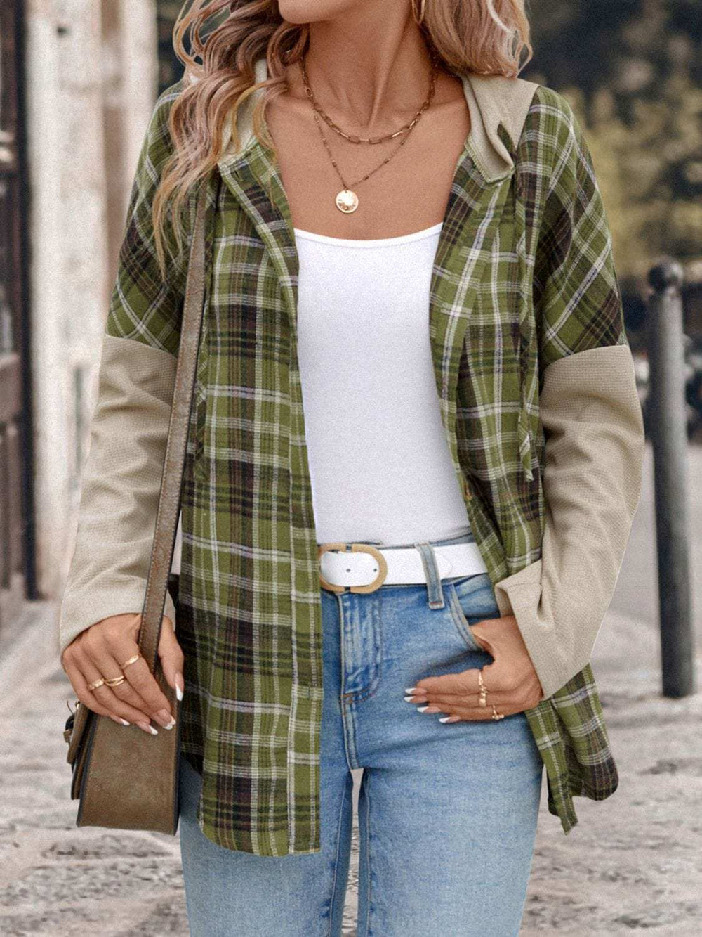 Perfee Drawstring Plaid Long Sleeve Hooded Shirt - Trendsi - Flyclothing LLC