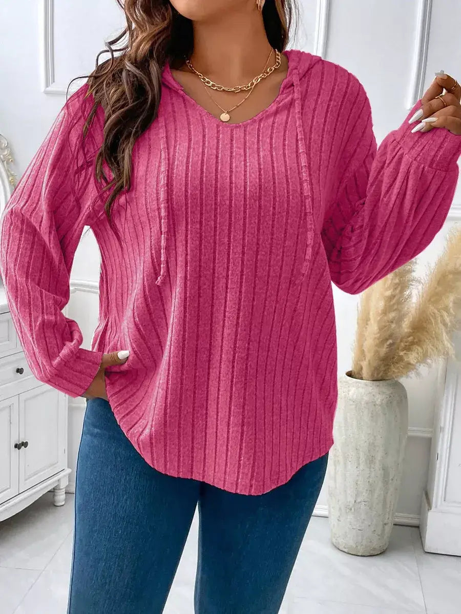 Ribbed Knit Drawstring Hooded T-Shirt - Trendsi - Flyclothing LLC