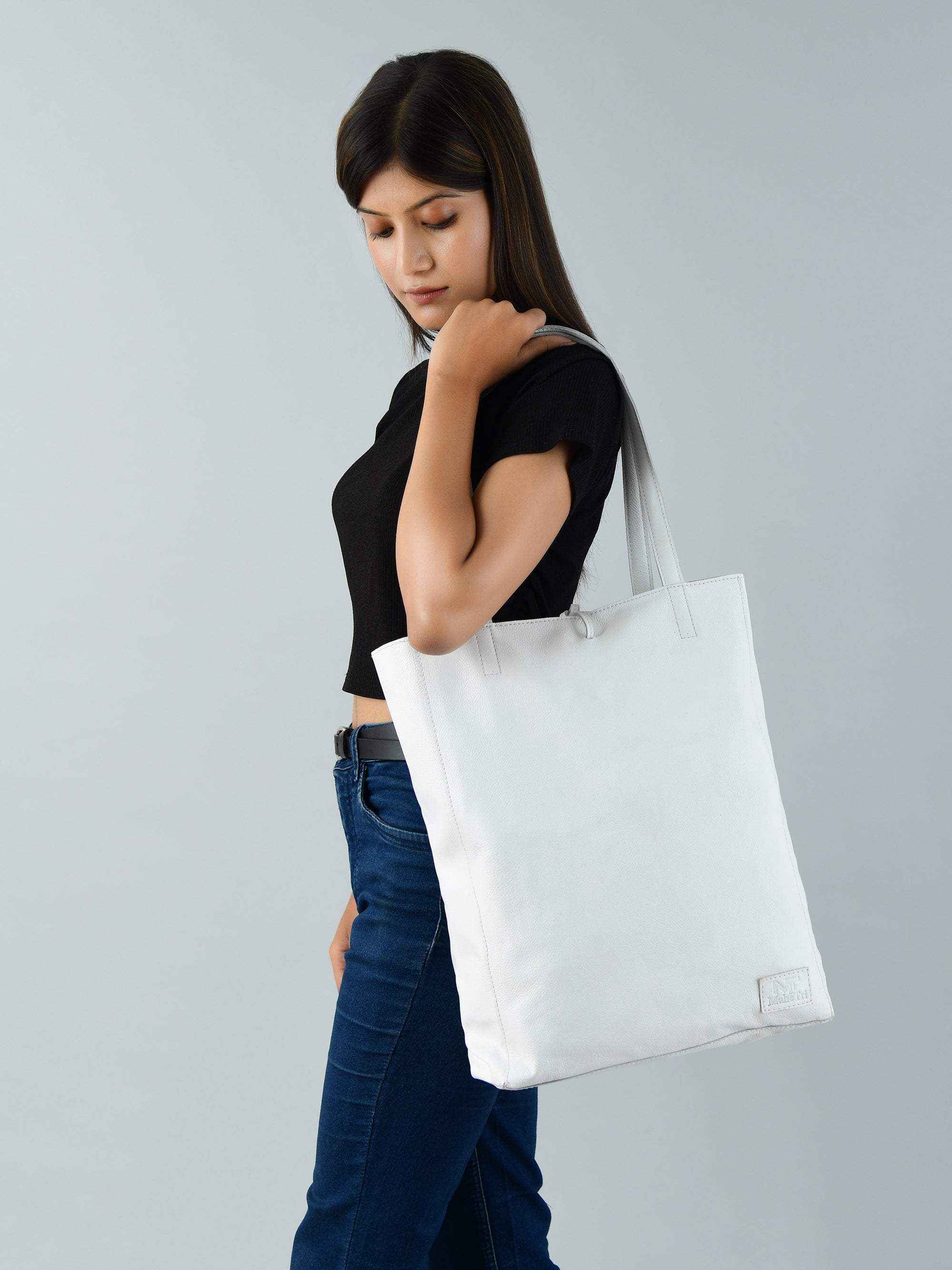 White Leather Shoulder Tote Bag - Classy Leather Bags - Flyclothing LLC