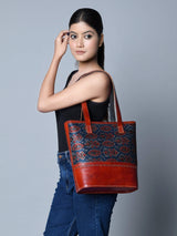 Neela Ajrakh Leather Tote Bag - Classy Leather Bags - Flyclothing LLC