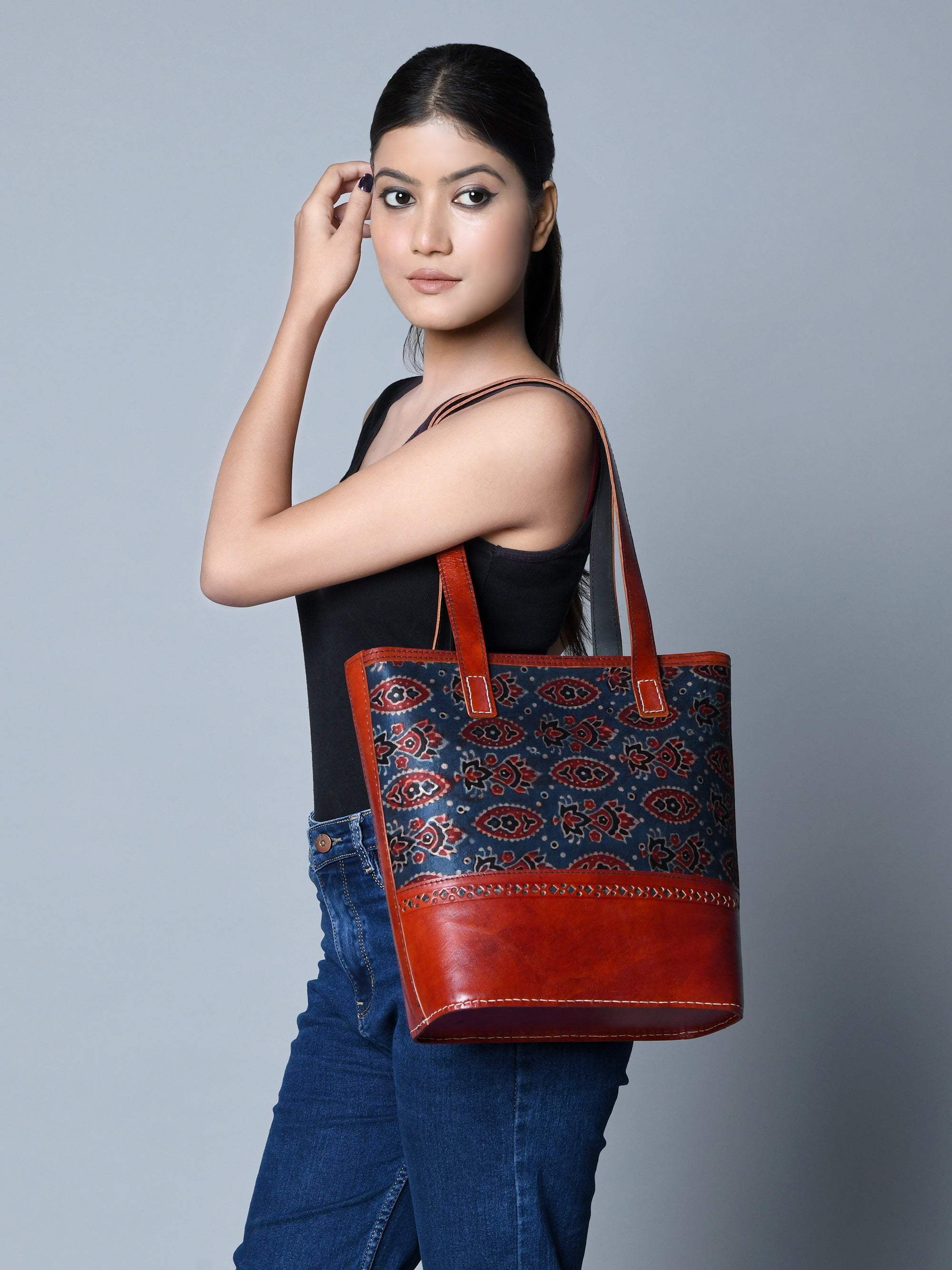 Neela Ajrakh Leather Tote Bag - Classy Leather Bags - Flyclothing LLC