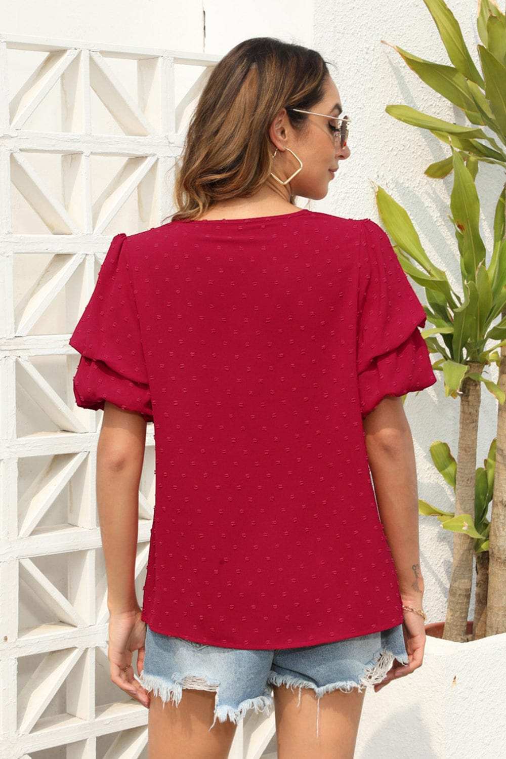 Swiss Dot V-Neck Short Sleeve Blouse - Trendsi - Flyclothing LLC