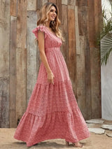 Printed V-Neck Ruffled Cap Sleeve Maxi Dress - Trendsi - Flyclothing LLC