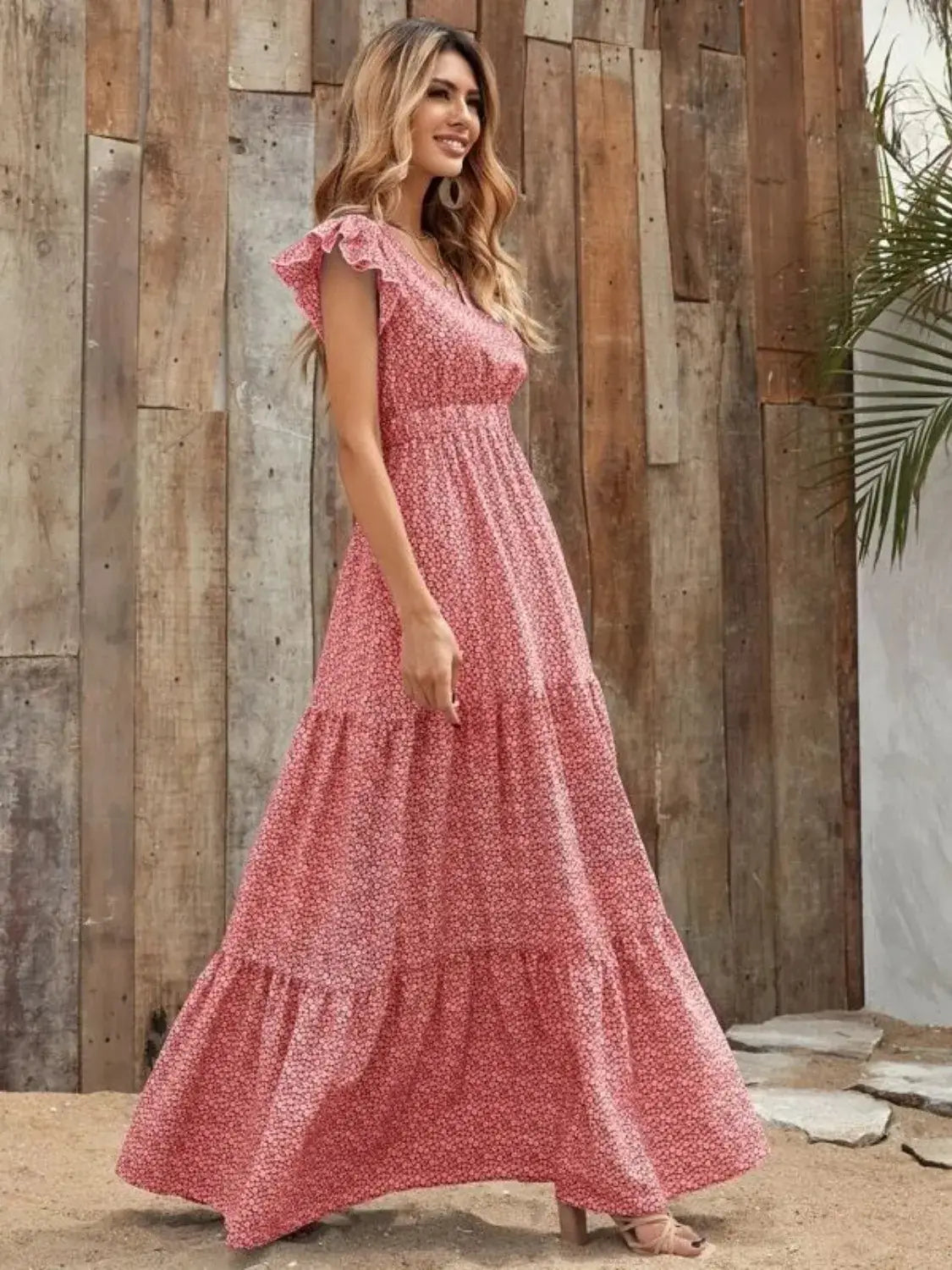 Printed V-Neck Ruffled Cap Sleeve Maxi Dress - Trendsi - Flyclothing LLC