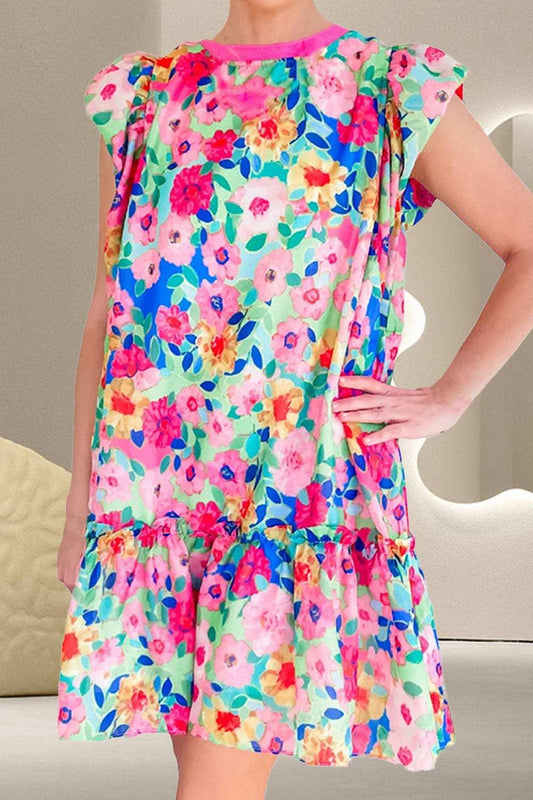 Ruffled Printed Round Neck Cap Sleeve Mini Dress - Trendsi - Flyclothing LLC