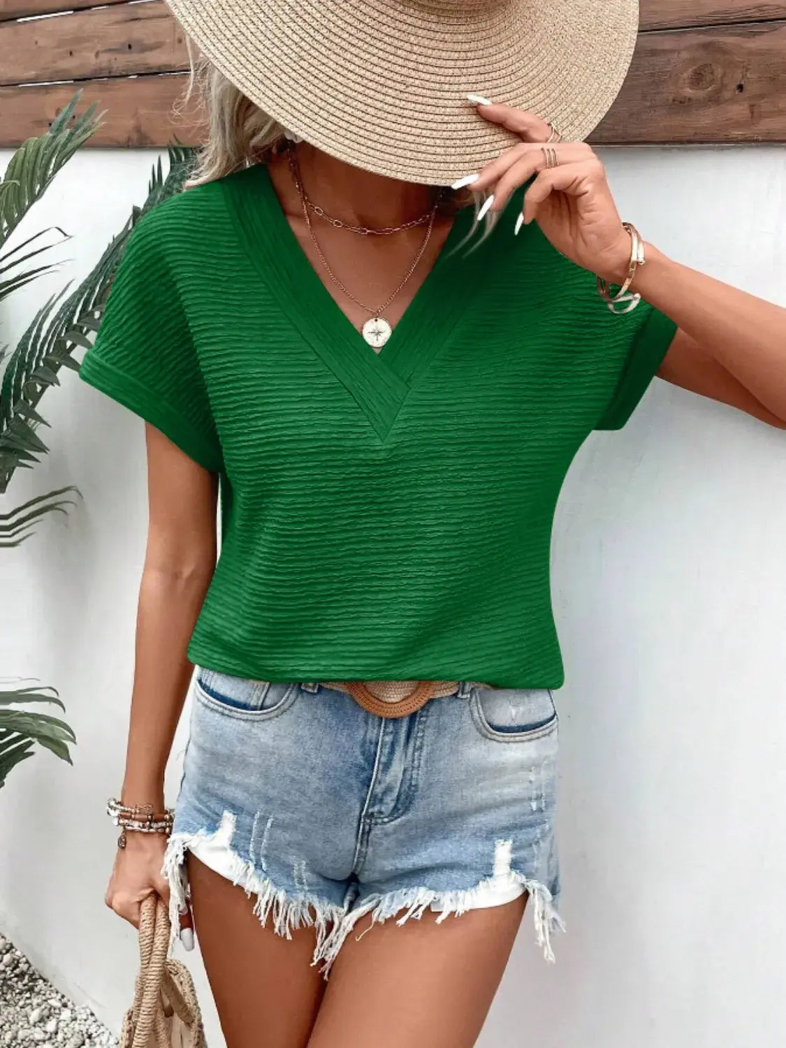 Textured Solid Color Short Sleeve Top - Trendsi - Flyclothing LLC