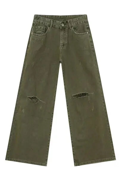 Distressed Wide Leg Jeans with Pockets - Trendsi - Flyclothing LLC