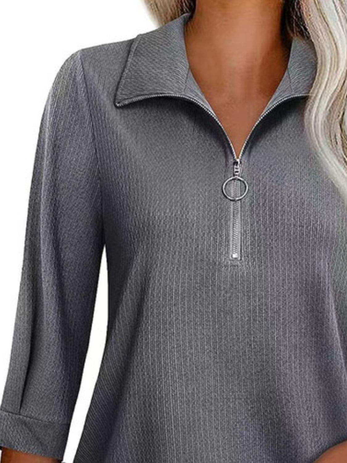 Half Zip Collared Neck Three-Quarter Sleeve T-Shirt - Trendsi - Flyclothing LLC