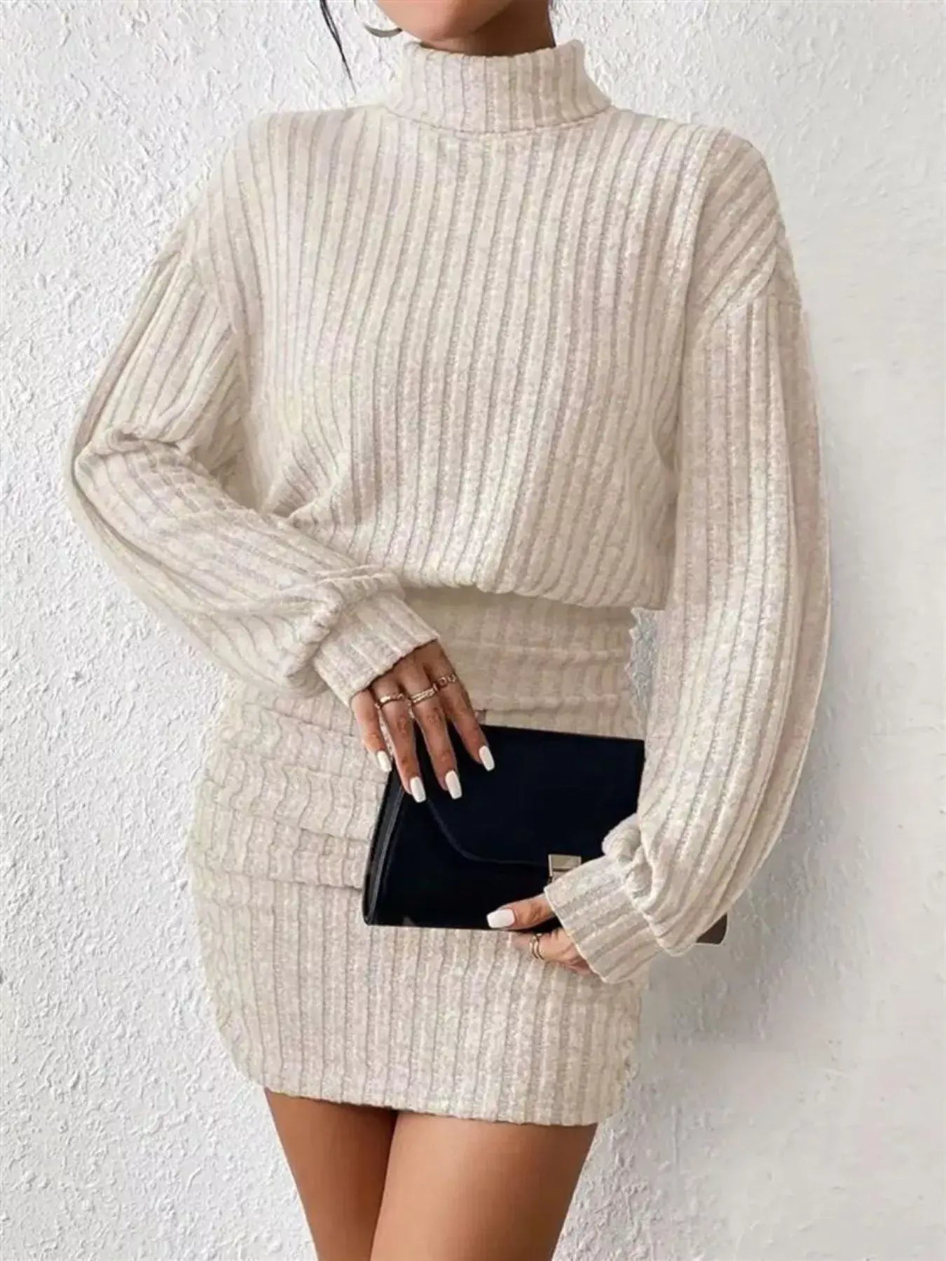 Ribbed Knit Turtleneck Bodycon Mini Dress - Trendsi - Flyclothing LLC