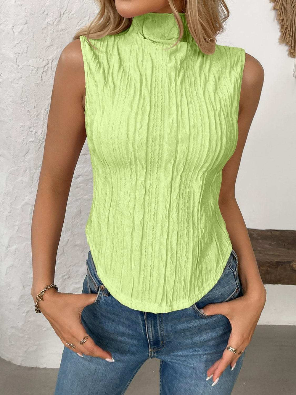 Texture Turtleneck Sleeveless Top - Trendsi - Flyclothing LLC