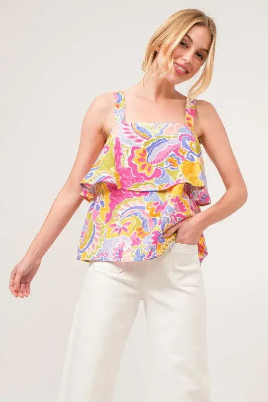 And The Why Square Neck Tiered Paisley Printed Top - Trendsi - Flyclothing LLC