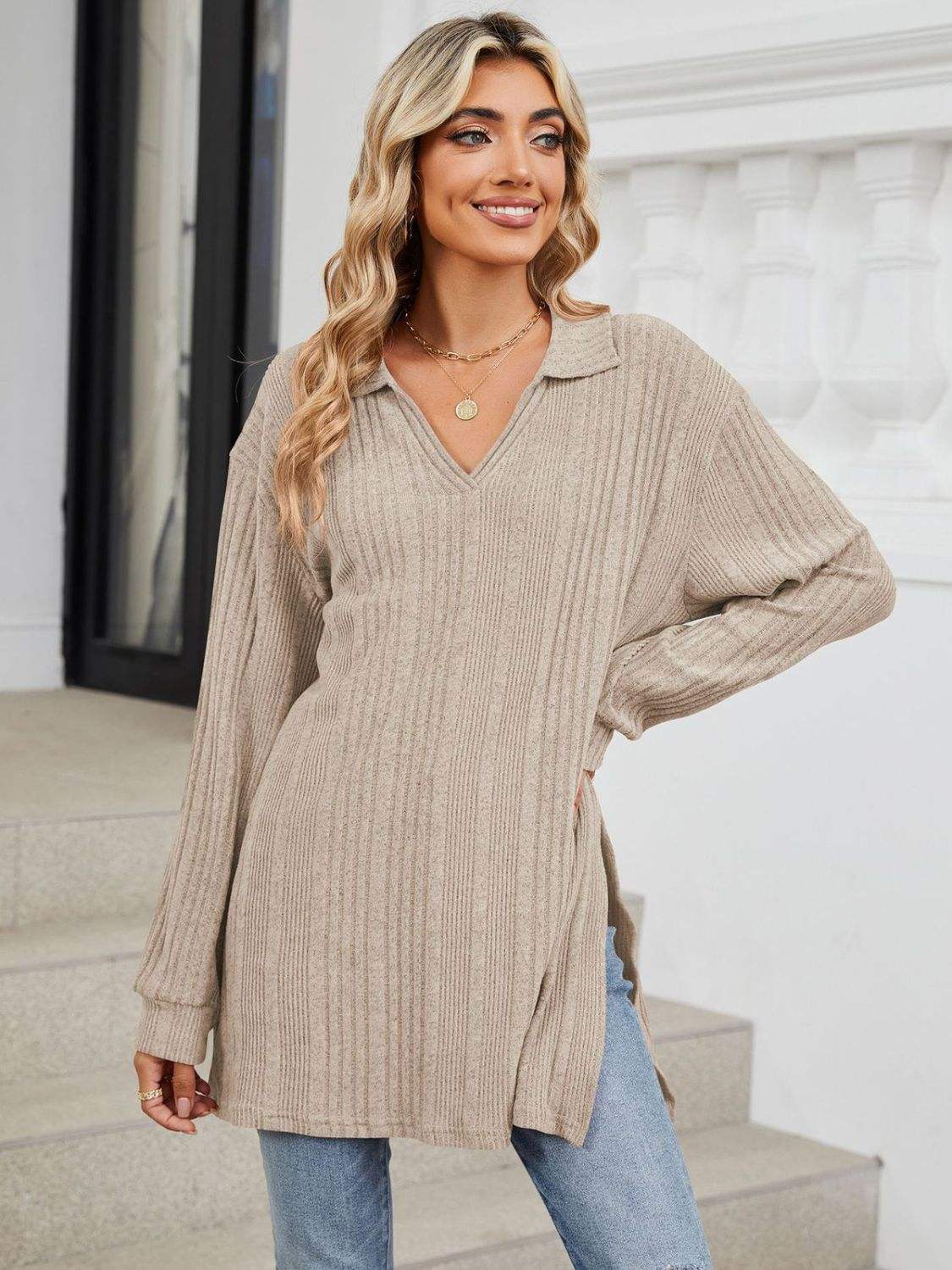 Slit Johnny Collar Long Sleeve T-Shirt - Trendsi - Flyclothing LLC