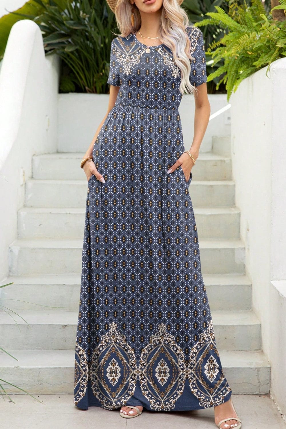 Printed Round Neck Short Sleeve Maxi Dress - Trendsi