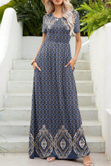 Printed Round Neck Short Sleeve Maxi Dress - Trendsi