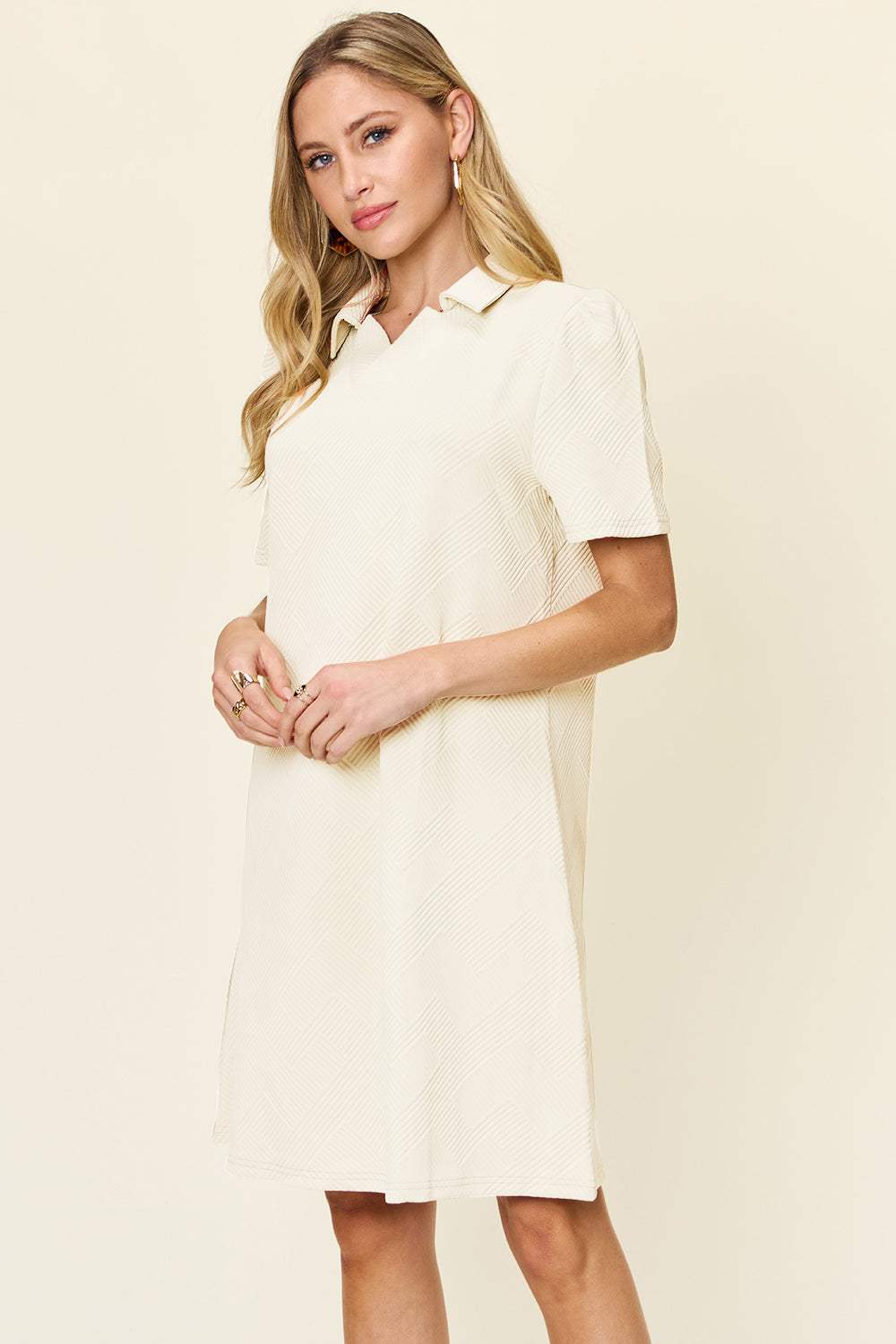 Double Take Full Size Texture Collared Neck Short Sleeve Dress - Trendsi - Flyclothing LLC