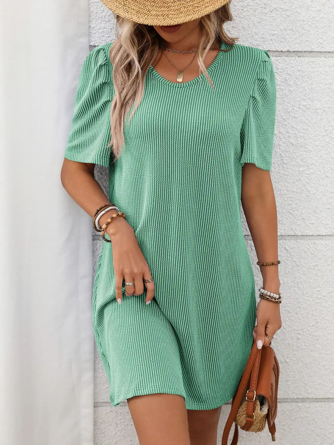 Textured Round Neck Short Sleeve Mini Dress - Trendsi - Flyclothing LLC