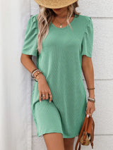 Textured Round Neck Short Sleeve Mini Dress - Trendsi - Flyclothing LLC