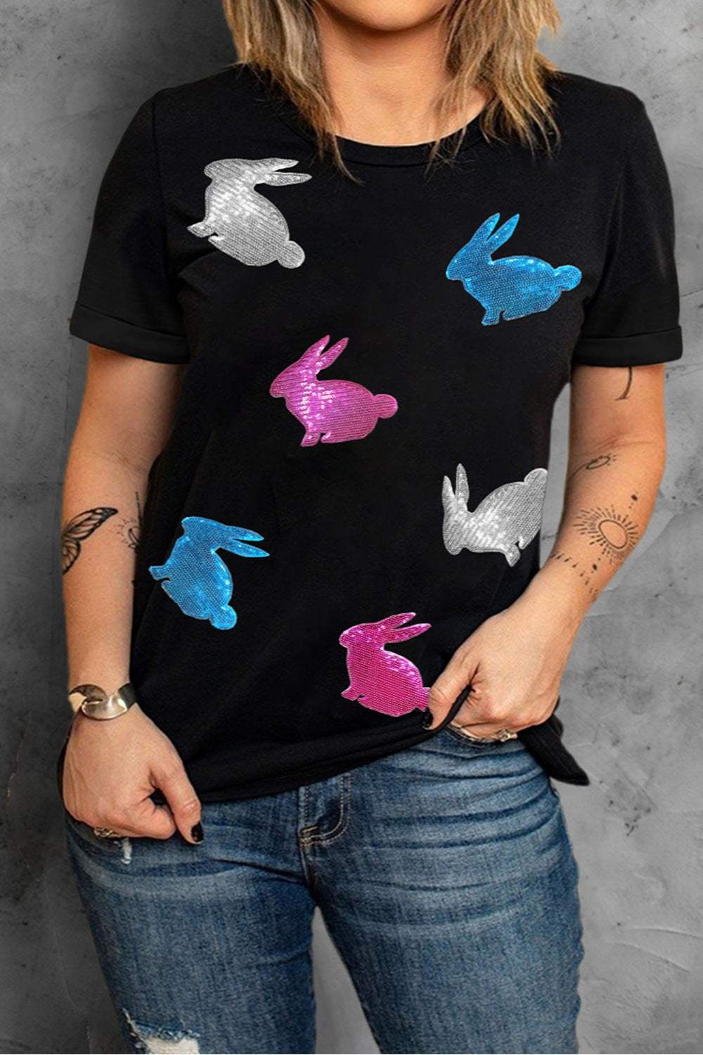 Plus Size Rabbit Round Neck Short Sleeve T-Shirt - Trendsi - Flyclothing LLC