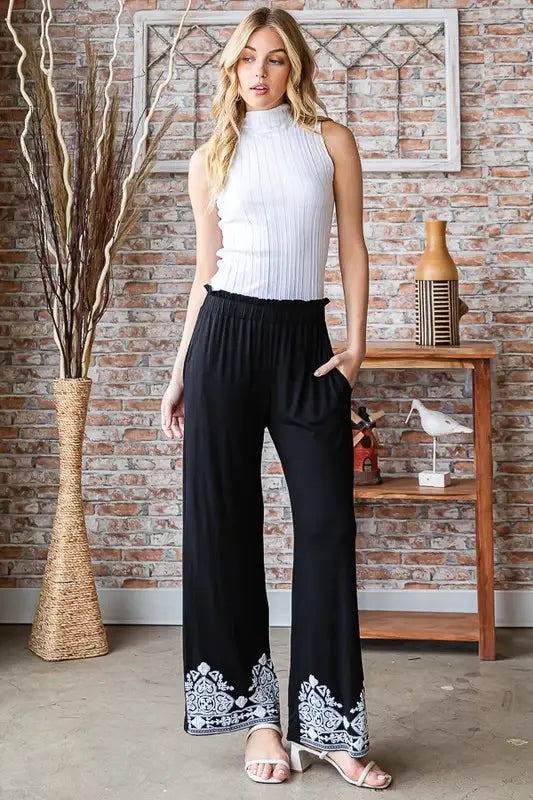 Heimish Full Size Solid Damask Casual Pants Plus Size - Trendsi - Flyclothing LLC