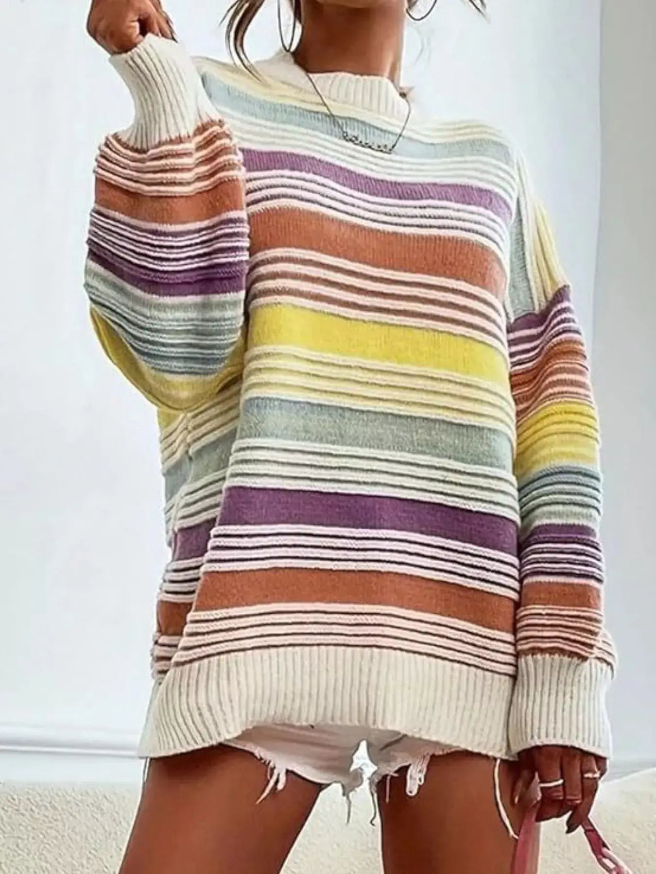 Striped Knit Long Sleeve Sweater - Trendsi - Flyclothing LLC