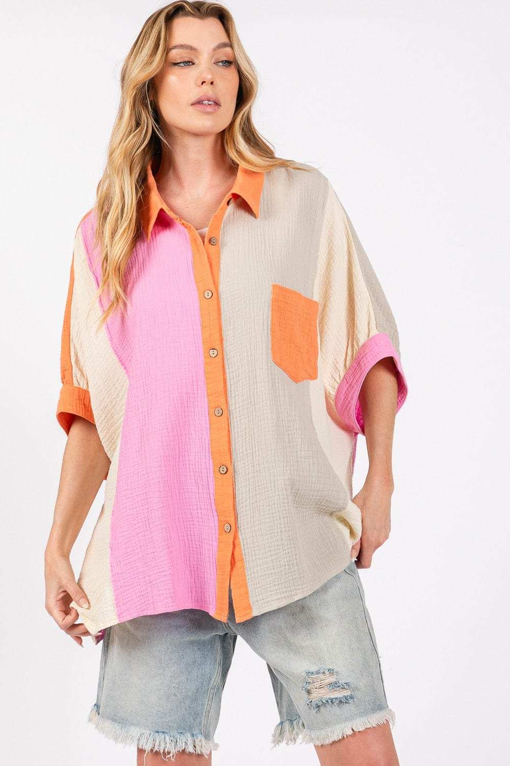 SAGE + FIG Full Size Color Block Button-Down Shirt - Trendsi - Flyclothing LLC
