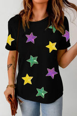 Sequin Stars Patched Round Neck T-Shirt - Trendsi - Flyclothing LLC