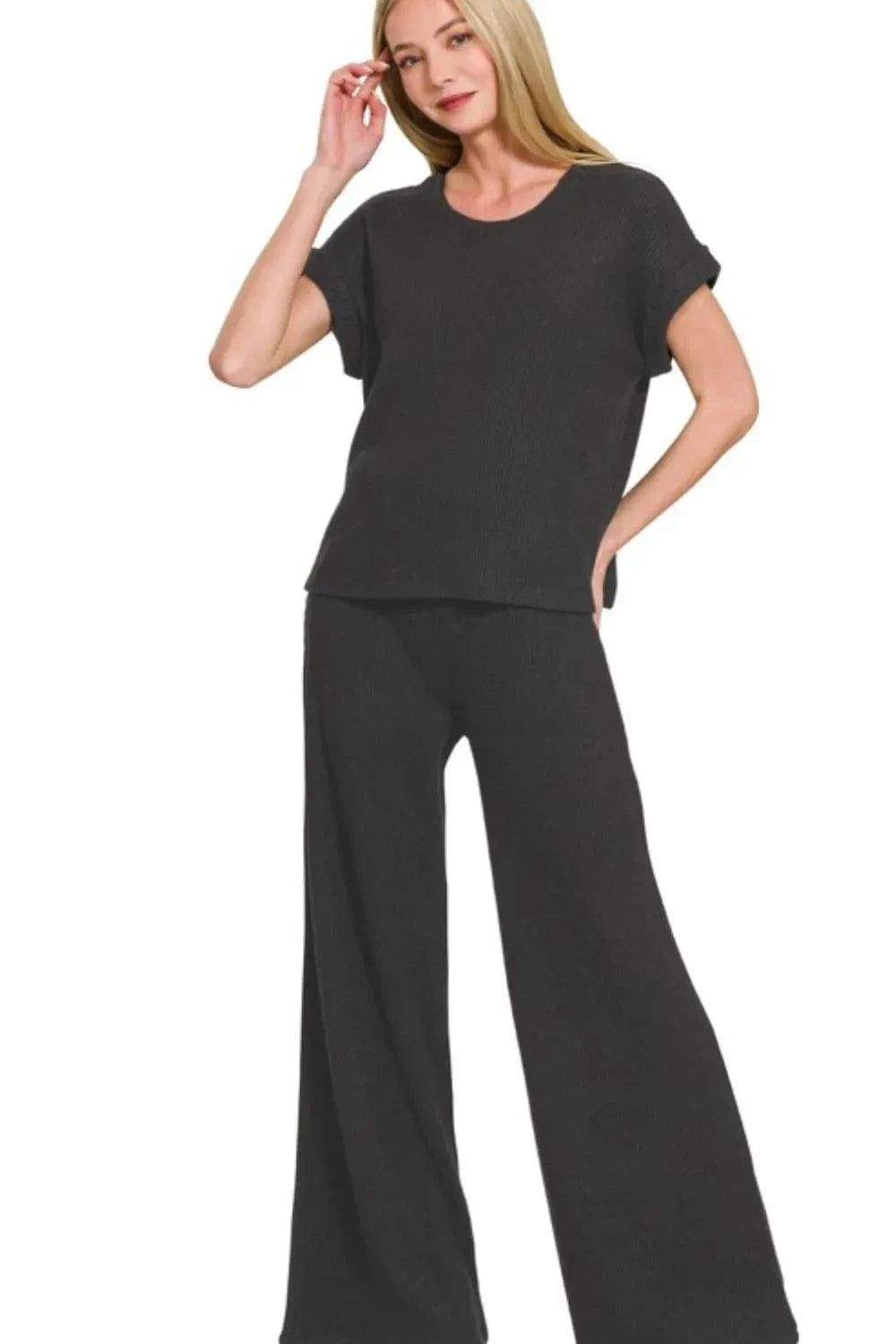 Zenana Rolled Sleeve Top and Pants Sweater Set - Trendsi