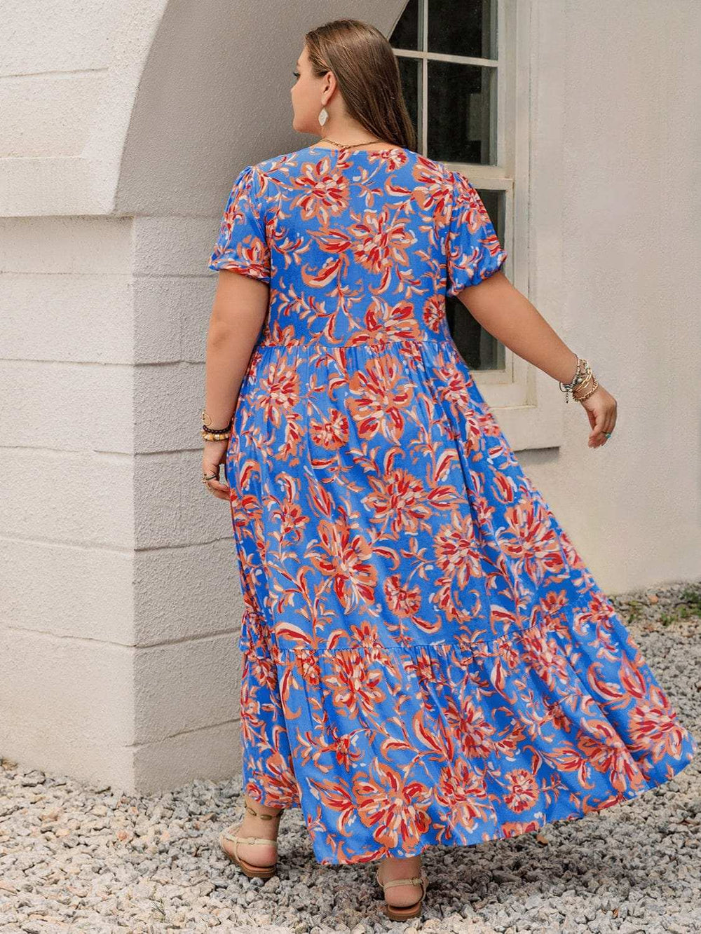 Plus Size Ruffled Printed V-Neck Short Sleeve Maxi Dress - Trendsi - Flyclothing LLC