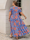 Plus Size Ruffled Printed V-Neck Short Sleeve Maxi Dress - Trendsi - Flyclothing LLC