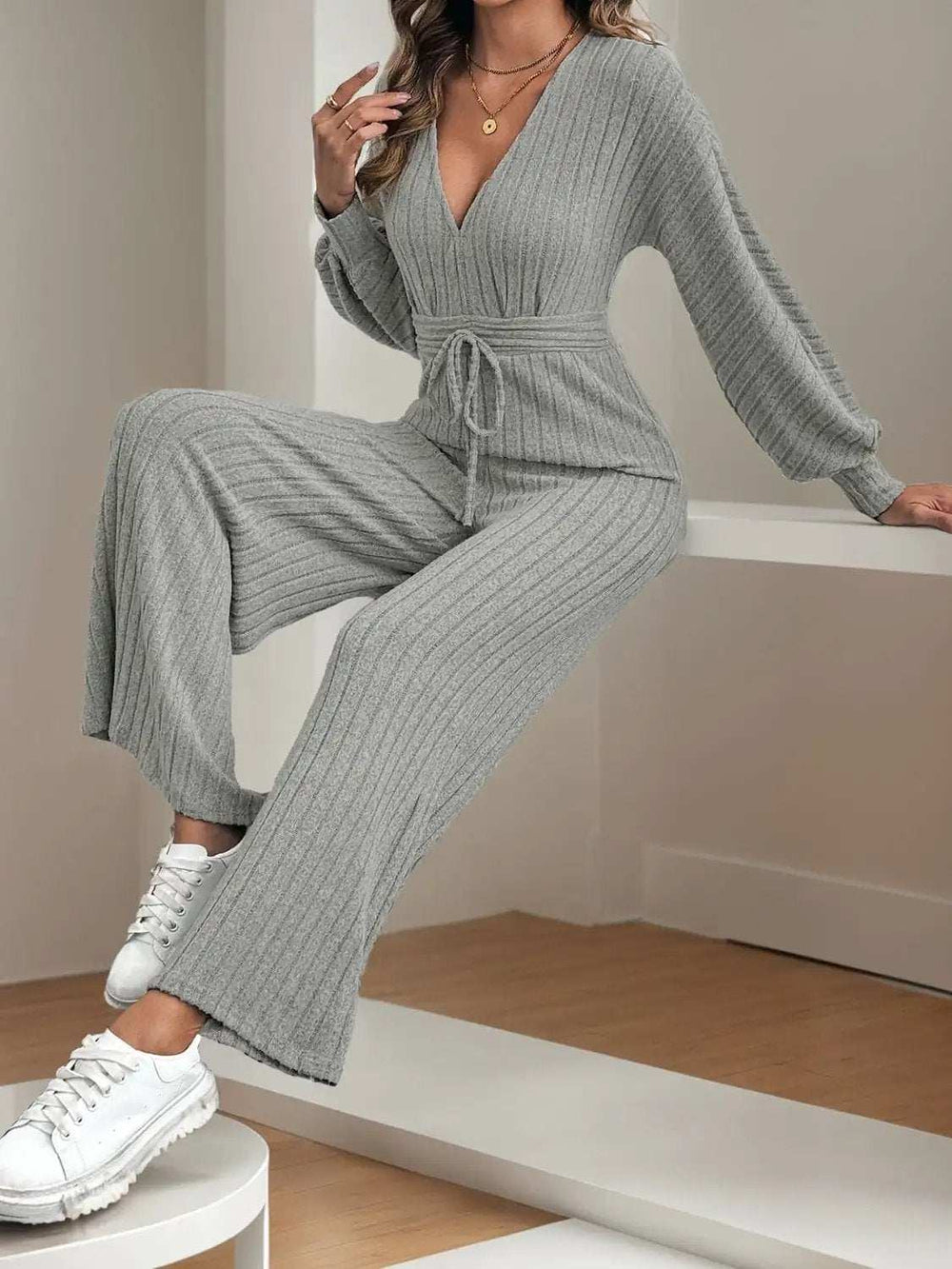 V-Neck Long Sleeve Wide Leg Jumpsuit - Trendsi - Flyclothing LLC