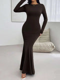 Devine Backless Round Neck Long Sleeve Maxi Dress - Trendsi - Flyclothing LLC