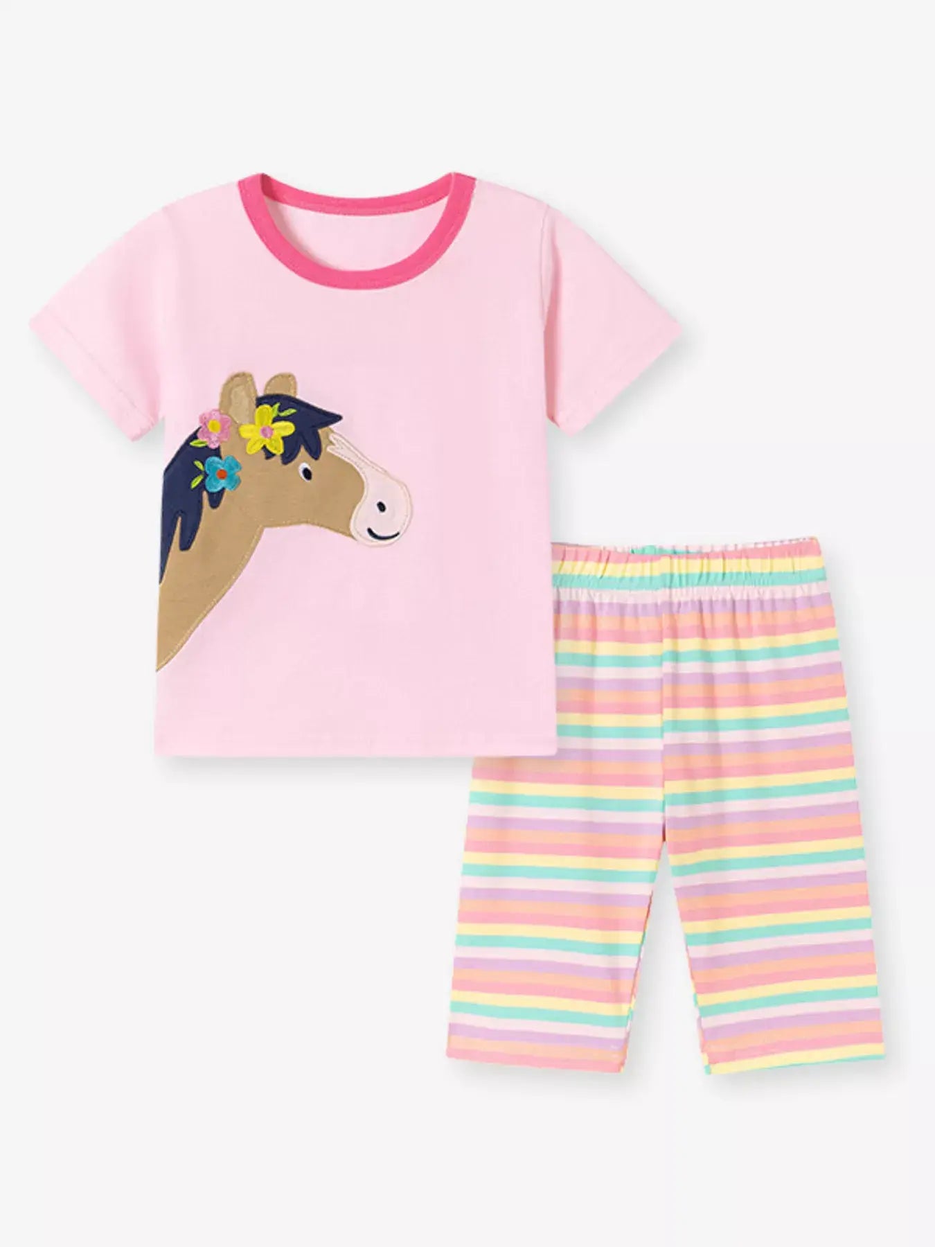 Children's Horse Applique Top & Rainbow Striped Pants Set - Trendsi - Flyclothing LLC