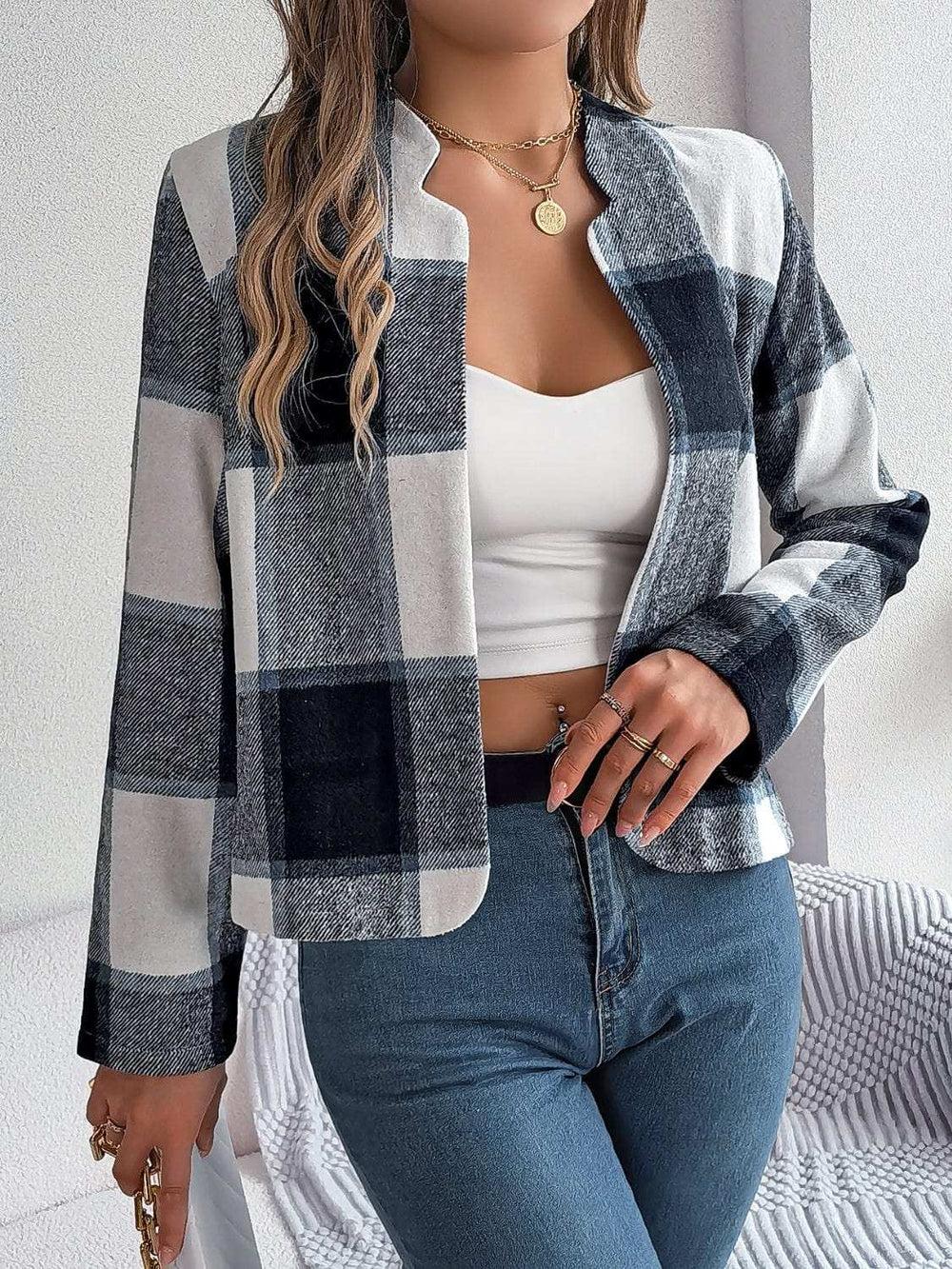 Plaid Open Front Long Sleeve Jacket - Trendsi - Flyclothing LLC