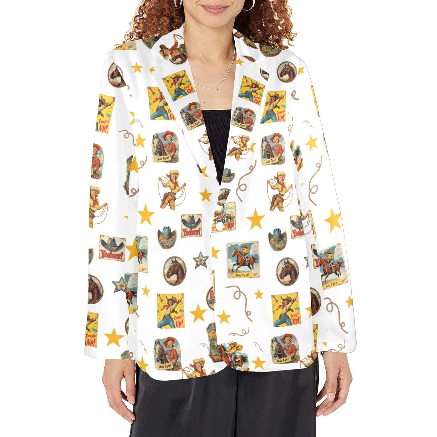 Baha Ranch Vintage Cowgirl Collage Women's Western Blazer in White - Baha Ranch Western Wear - Flyclothing LLC