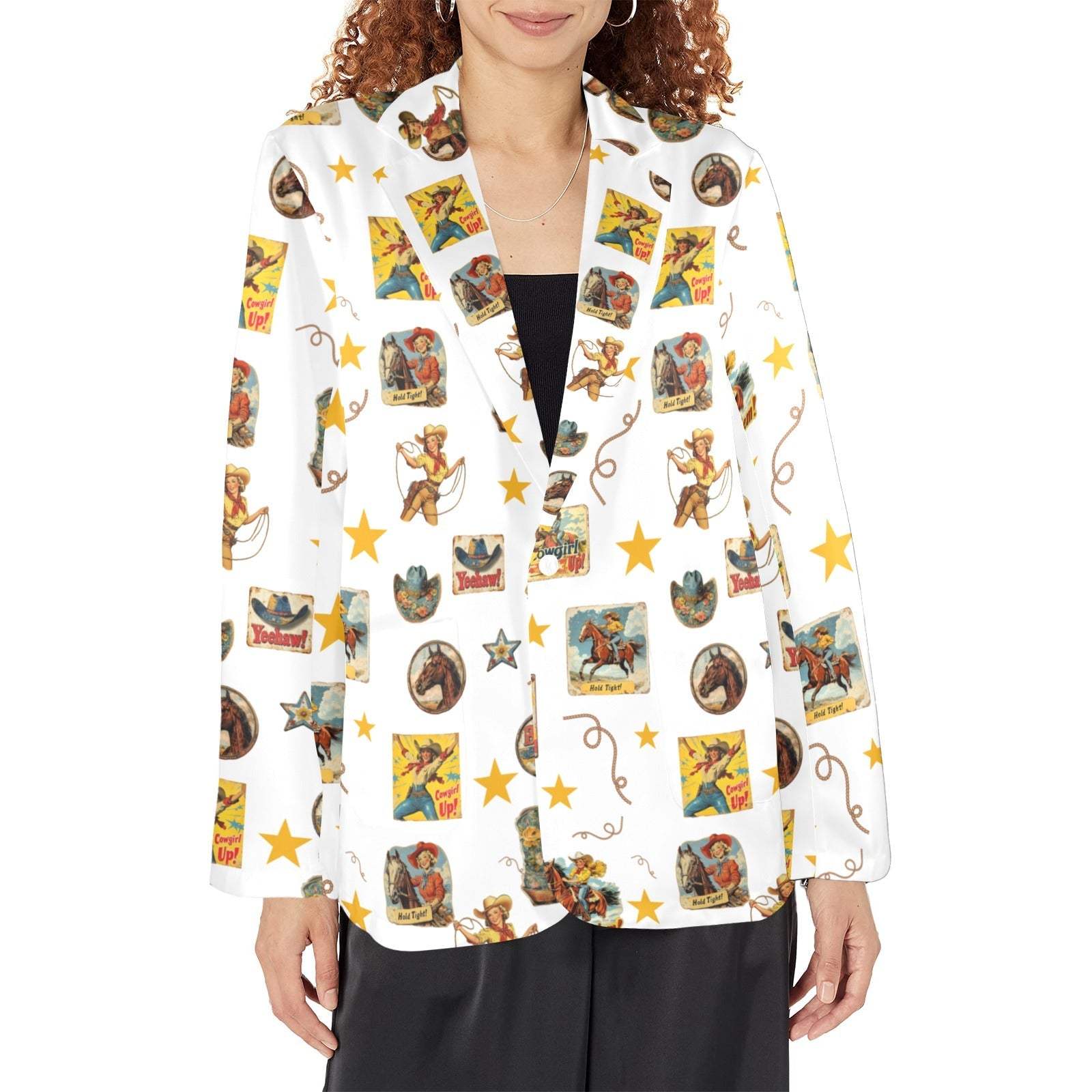 Baha Ranch Vintage Cowgirl Collage Women's Western Blazer in White - Baha Ranch Western Wear - Flyclothing LLC