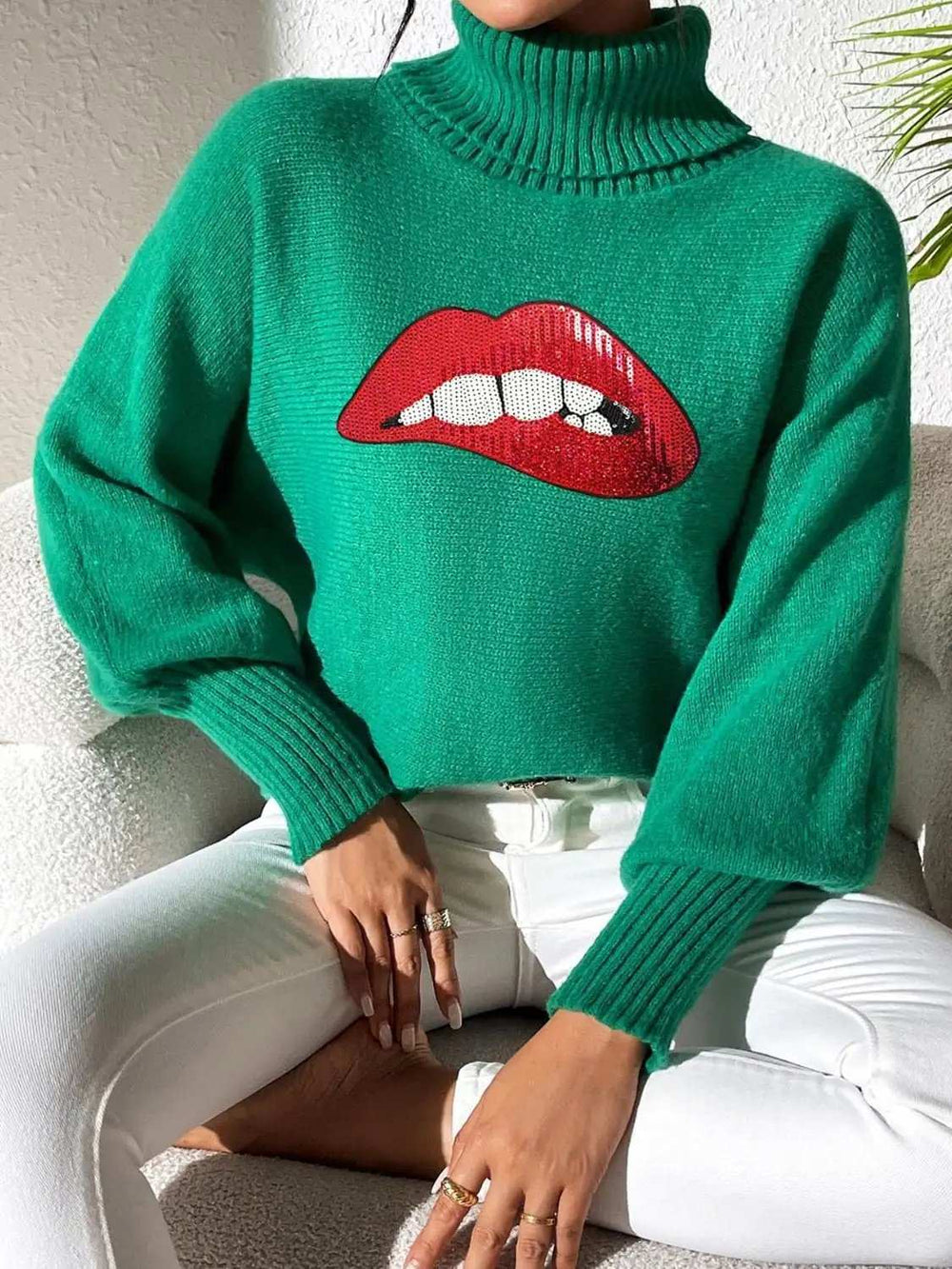 Lip Turtleneck Long Sleeve Sweater - Trendsi - Flyclothing LLC