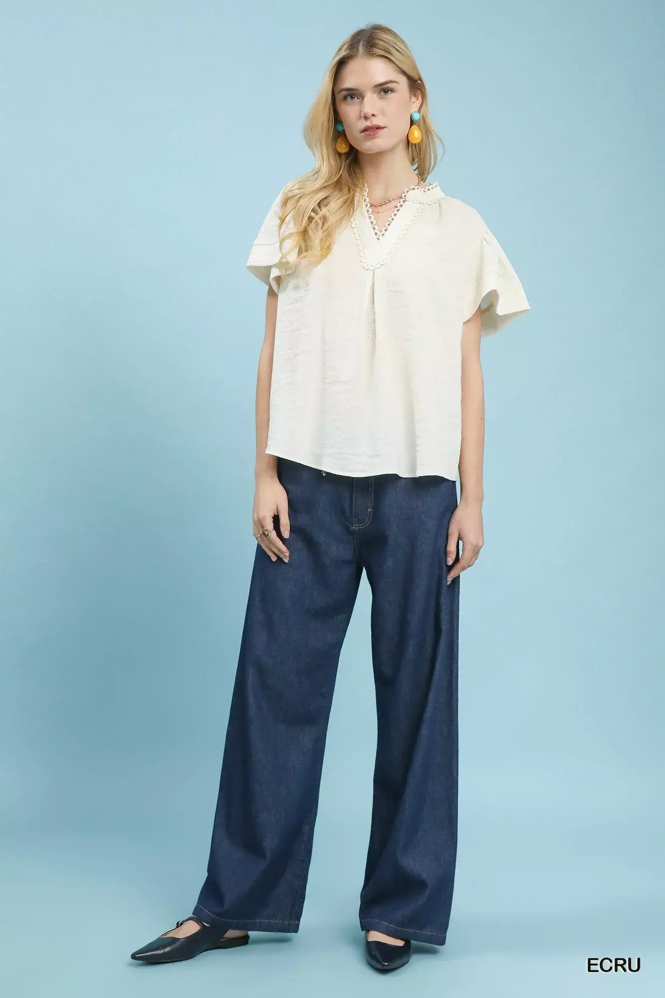 Umgee Seersucker Short Sleeve Top with Lace Trim - Trendsi - Flyclothing LLC