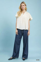 Umgee Seersucker Short Sleeve Top with Lace Trim - Trendsi - Flyclothing LLC