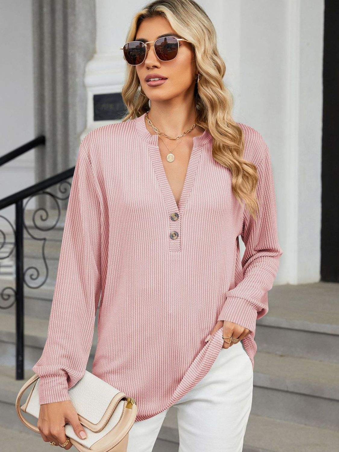 Striped Notched Long Sleeve T-Shirt - Trendsi - Flyclothing LLC