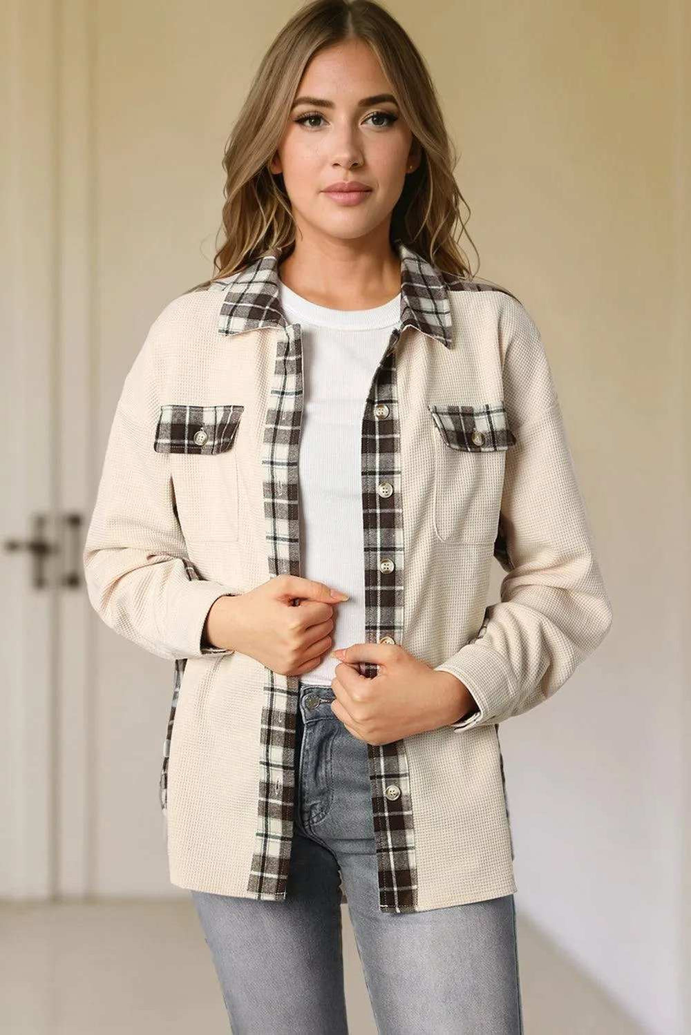 Plaid Button Down Collared Jacket - Trendsi - Flyclothing LLC