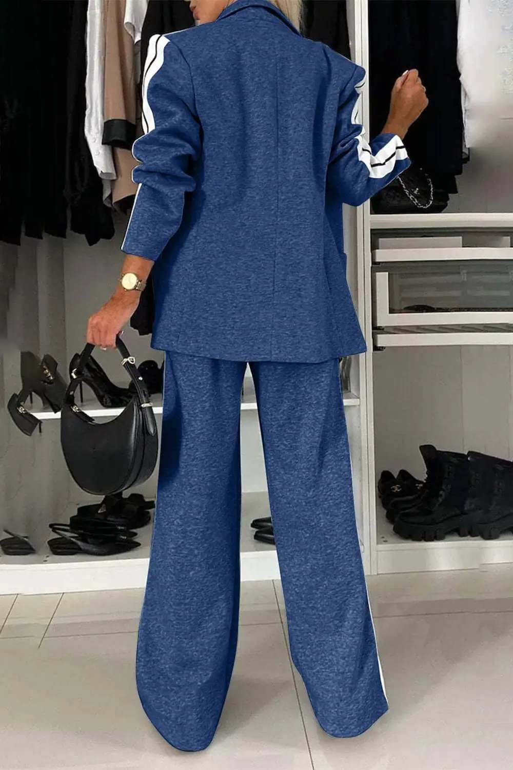 Full Size Contrast Lapel Collar Top and Pants Set - Trendsi - Flyclothing LLC
